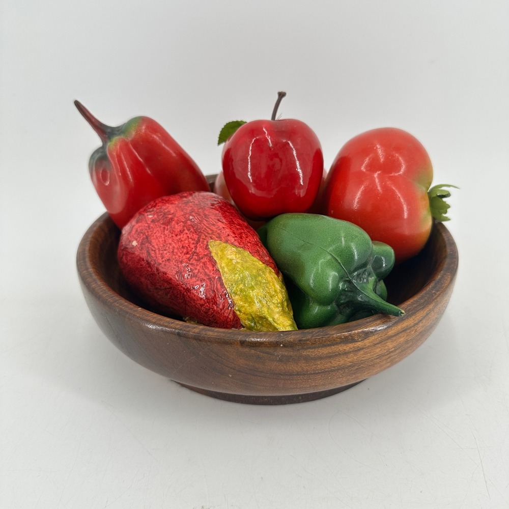 Vintage Faux Fruit and Vegetable Set with Dark Wood Bowl Centerpiece Decor